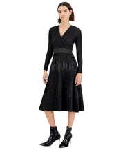 T Tahari Women's Metallic Ribbed Surplice Fit Flare Dress Large Black