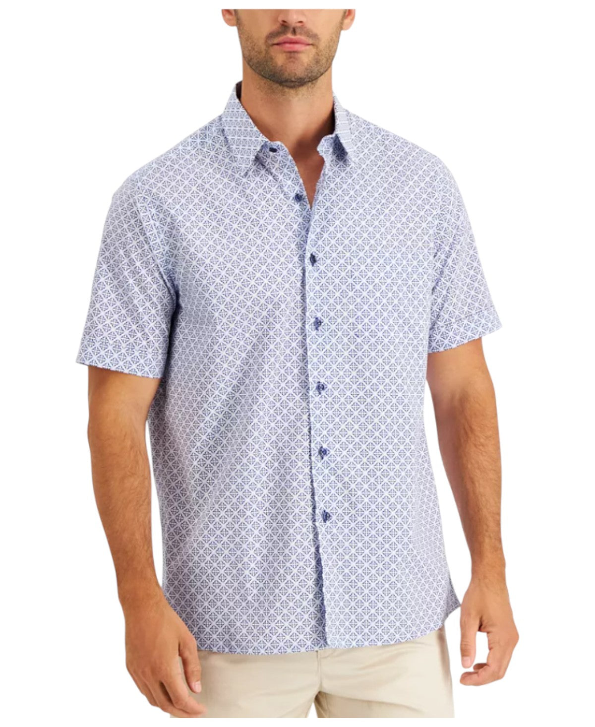 Club Room Mens Regular fit Short Sleeve Button-Up Shirt XL Light Blue Geometric