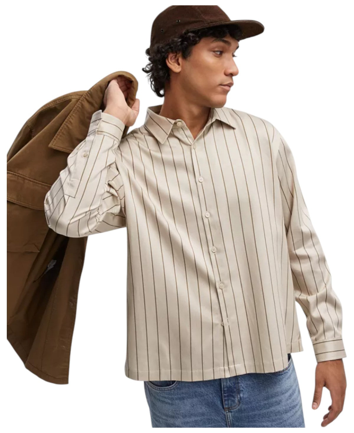 Mode of One Mens Regular fit Long Sleeve Button-Up Shirt XL Beige Striped