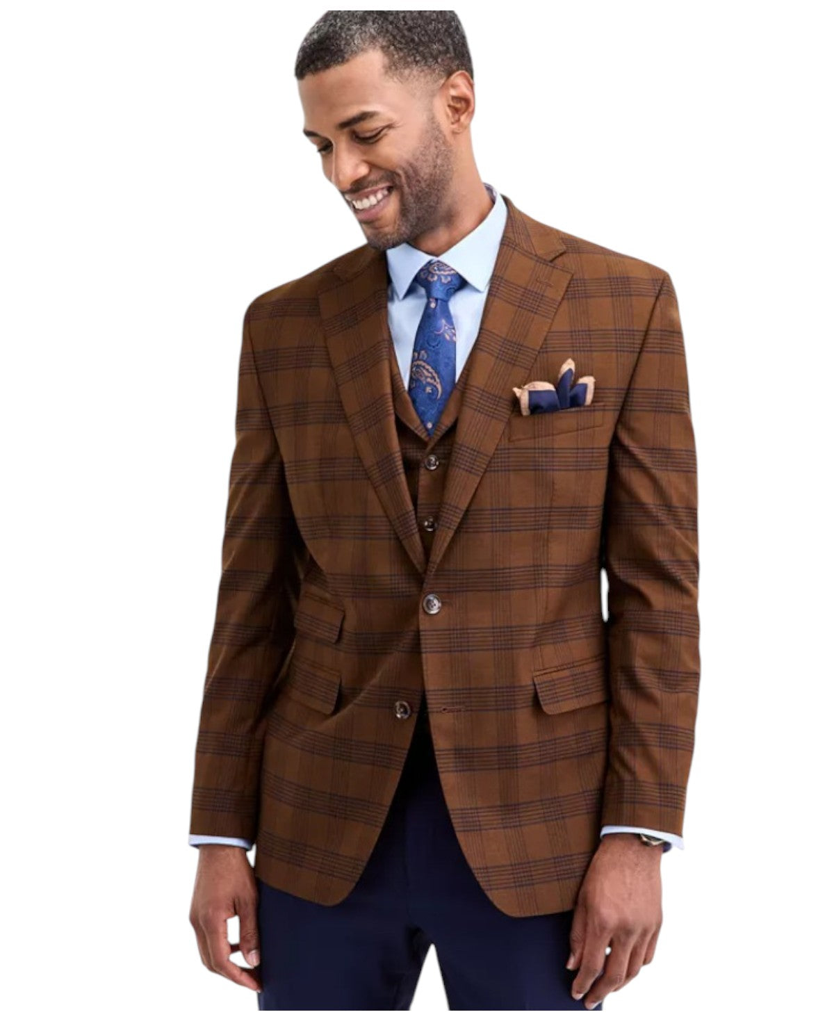 Tayion Collection Mens Classic fit Suit Jacket Blazer 46 R Brown Plaid Stretch