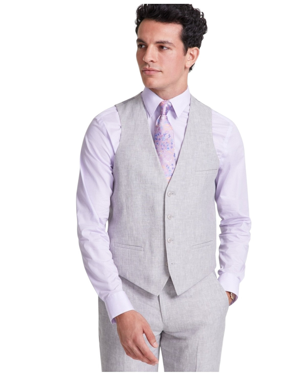 Bar Iii Mens Slim fit Button-Up Suit Vest Large Grey Solid Stretch Linen
