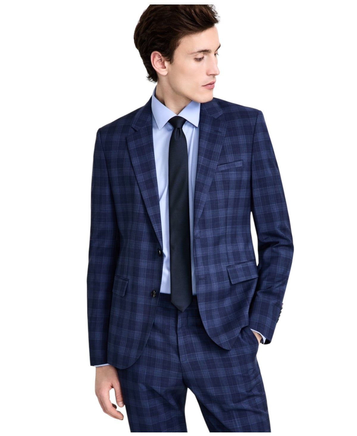 Hugo Boss Mens Modern fit Suit Jacket Blazer 38 R Navy Blue Plaid Stretch Wool