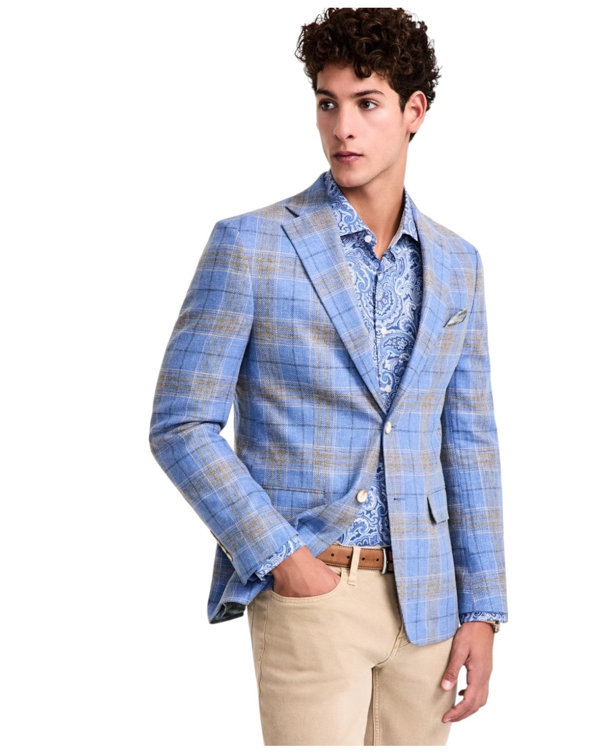 Tallia Mens Slim fit Sport Coat Blazer 42 S Light Blue Beige Plaid Stretch