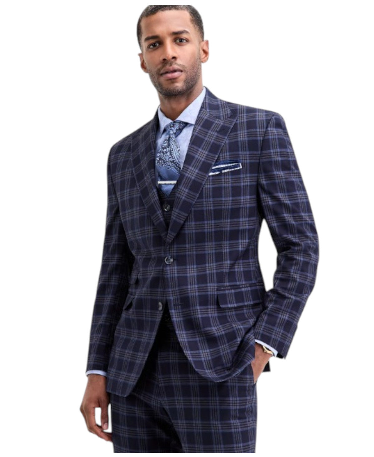 Tayion Mens Classic fit Suit Jacket Blazer 38 S Navy Blue Plaid