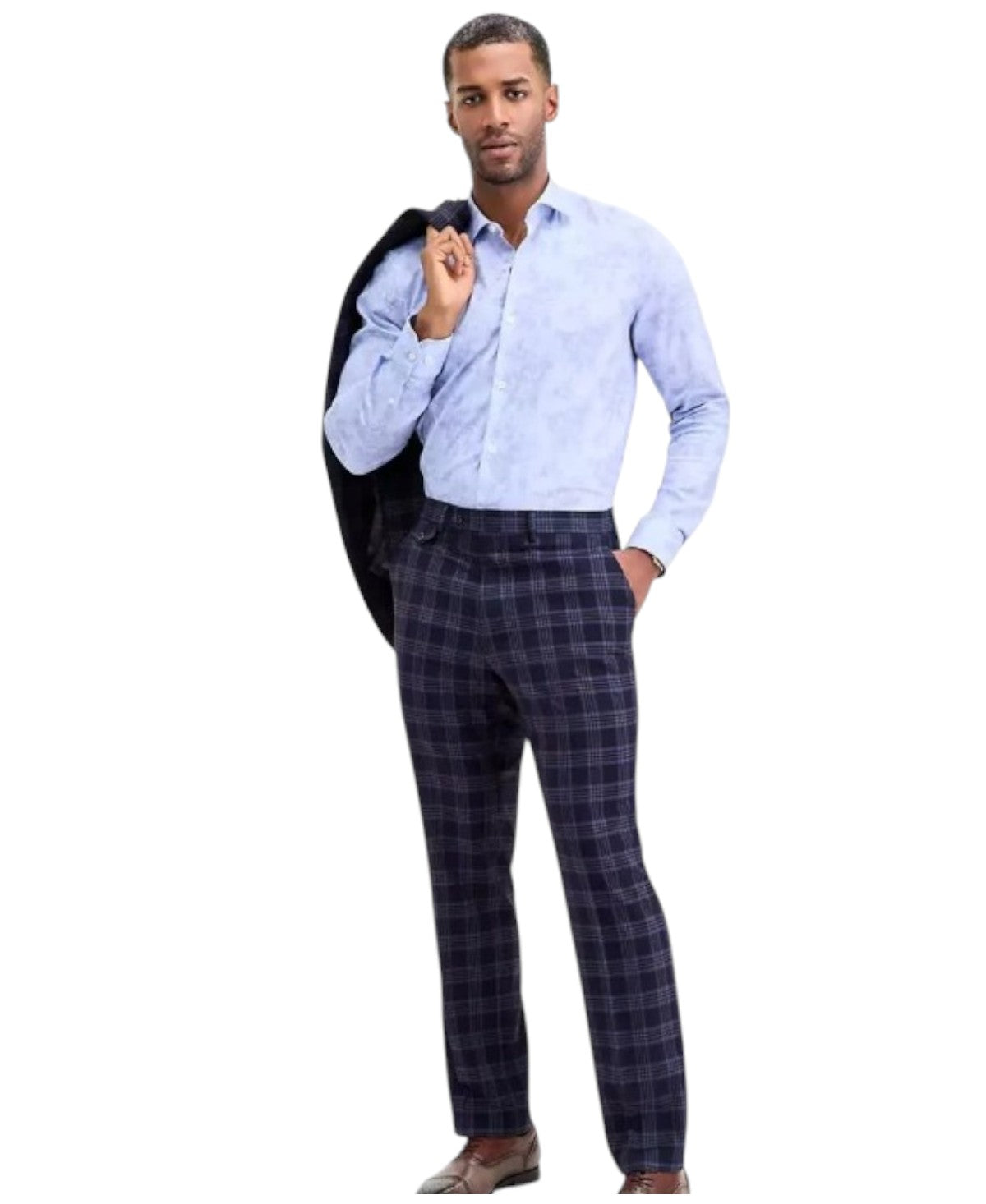Tayion Collection Mens Classic fit Dress Pants 40 / 32 Blue Plaid Stretch