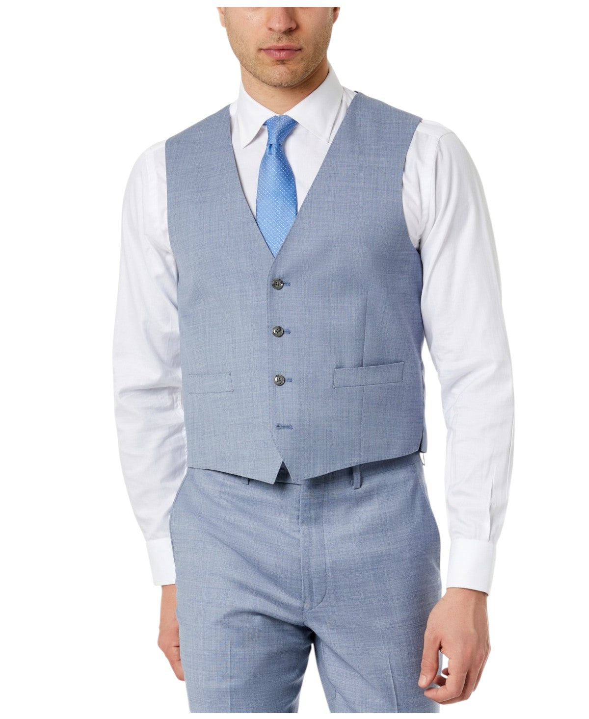 Calvin Klein Mens Slim fit Button-Up Vest Medium Blue Solid Stretch Wool
