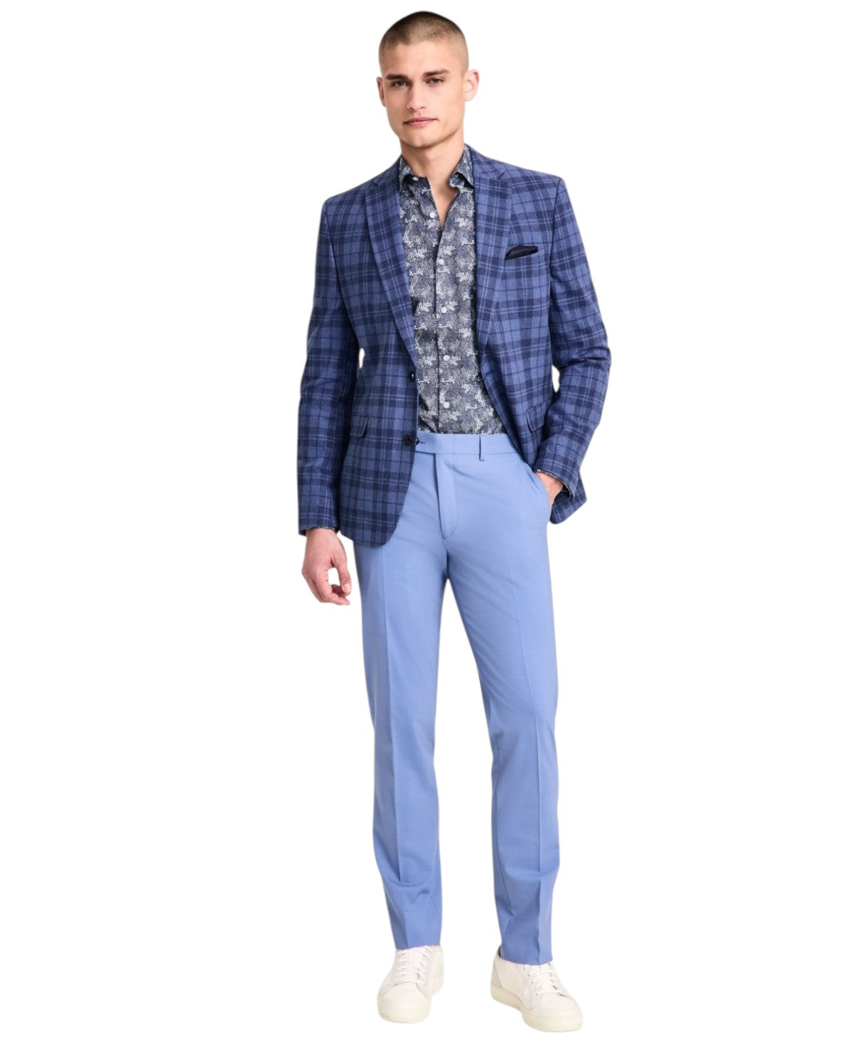 Bar Iii Mens Slim fit Sport Coat Blazer 44 R Multi Blue Plaid Stretch Linen
