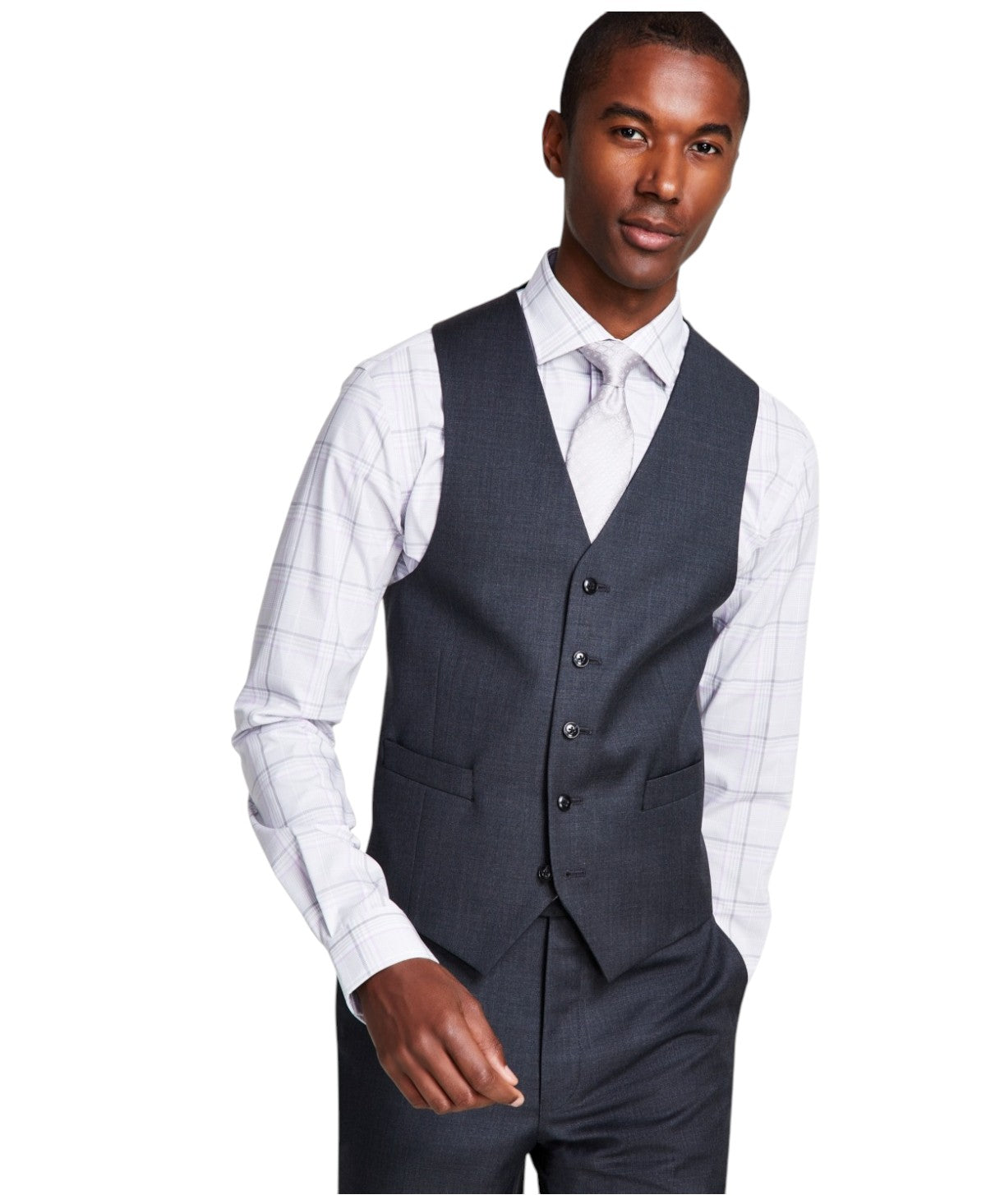 Michael Kors Mens Classic fit Button-Up Vest Medium Grey Solid Stretch Wool