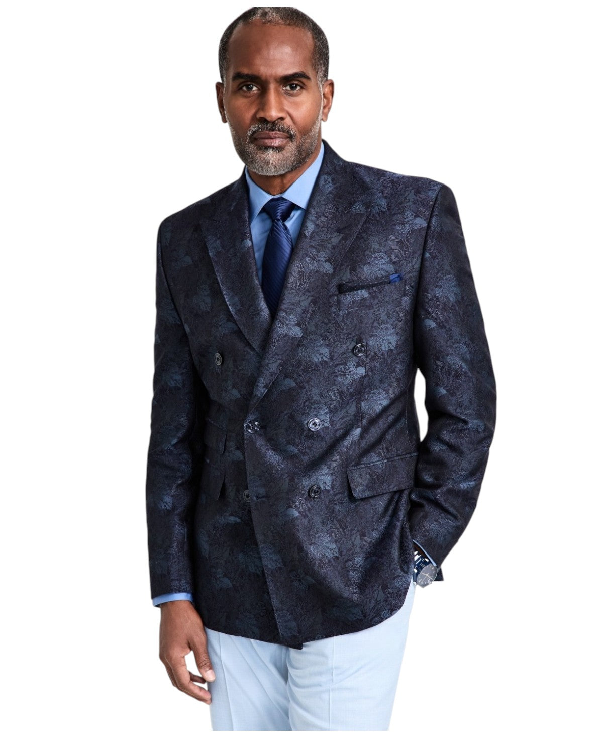 Tayion Mens Classic fit Double Breasted Suit Jacket Blazer 52 R Navy Blue Floral