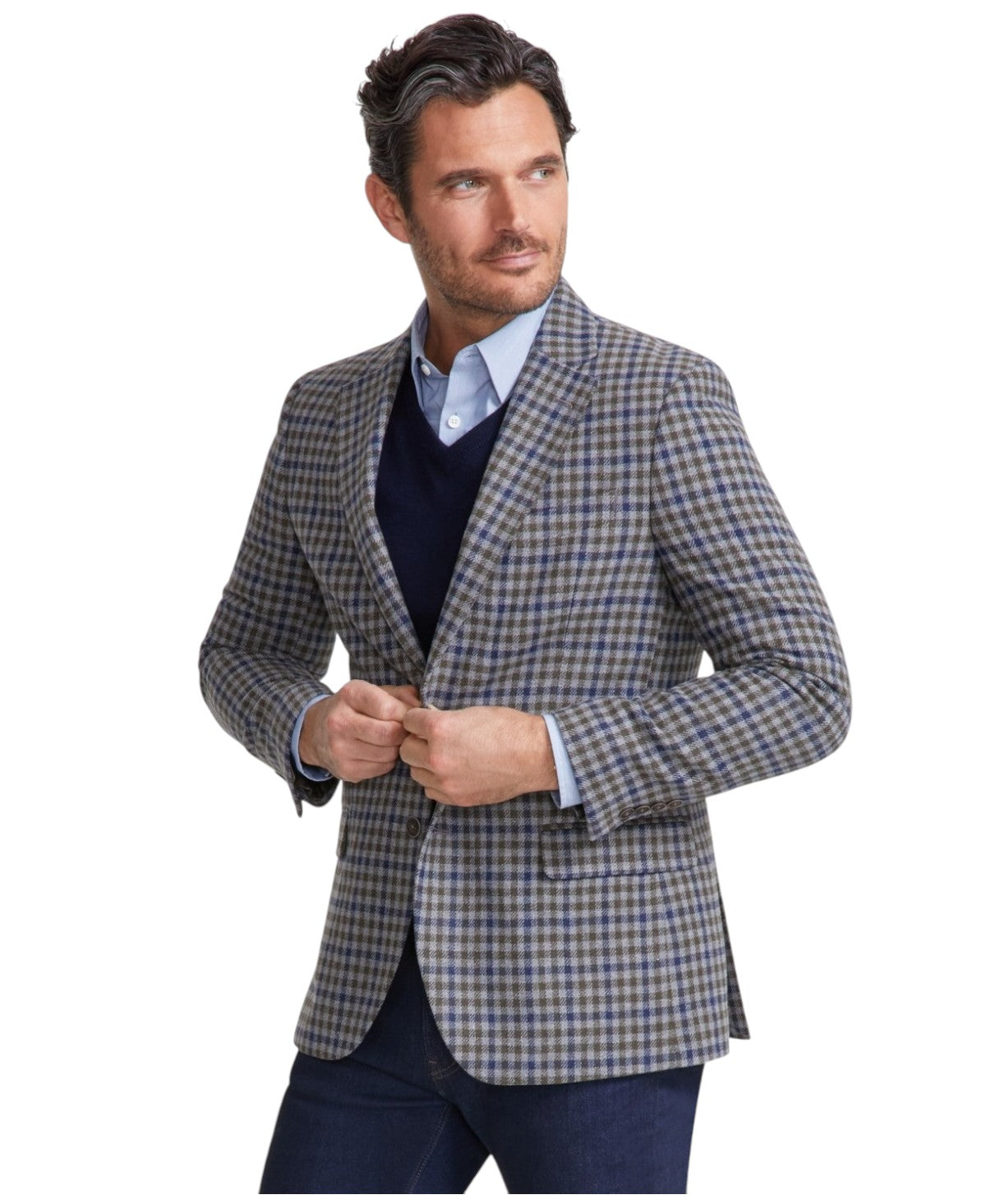 Nautica Mens Modern fit Sport Coat Blazer 46 L Grey Blue Green Check