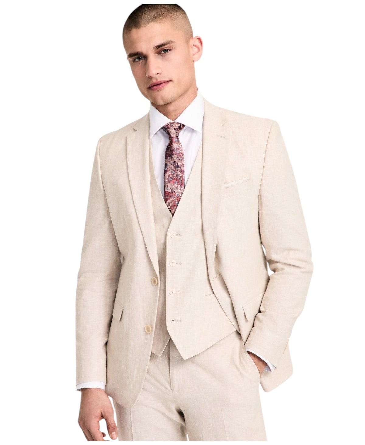 Bar Iii Mens Slim fit Suit Jacket Blazer 38 L Beige Solid Stretch Linen