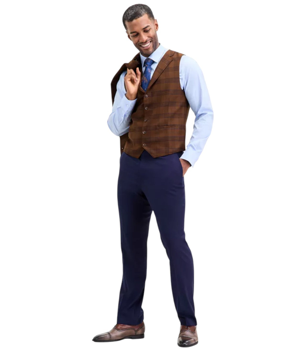 Tayion Mens Classic fit Suit Vest Small Brown Plaid