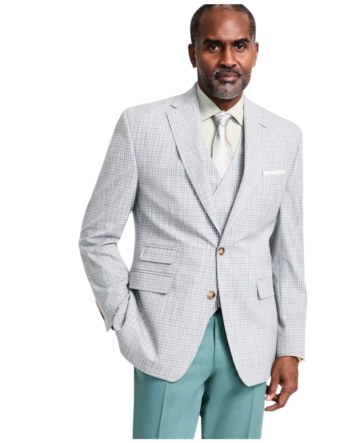 Tayion Mens Regular fit Suit Jacket Blazer 42 R Light Grey Green Plaid Stretch