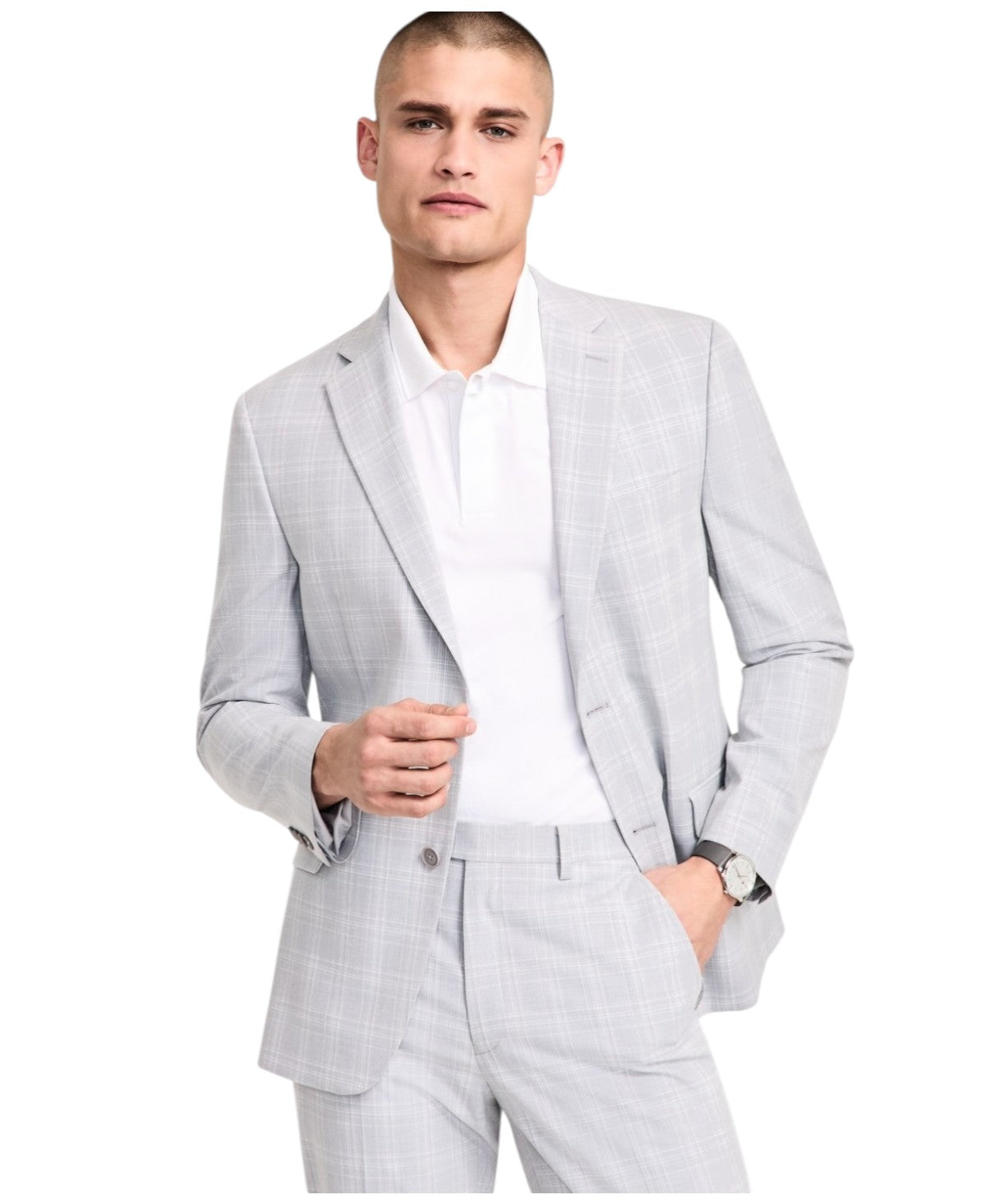Alfani Mens Slim fit Suit Jacket Blazer 42 S Light Grey Plaid Stretch