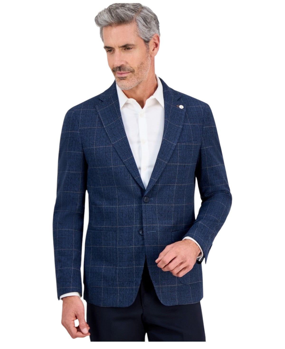 Tom Baine Mens Slim fit Sport Coat Blazer 38 S Navy Blue Plaid Stretch