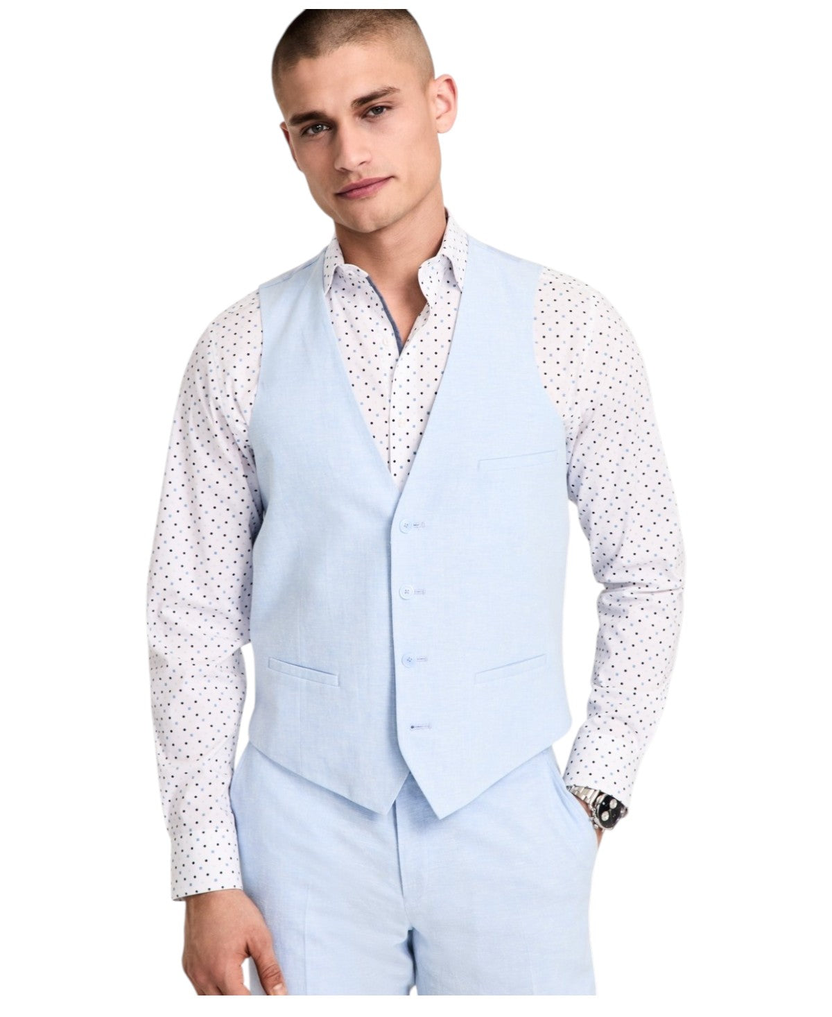 Bar Iii Mens Slim fit Button-Up Suit Vest Medium Light Blue Solid Linen