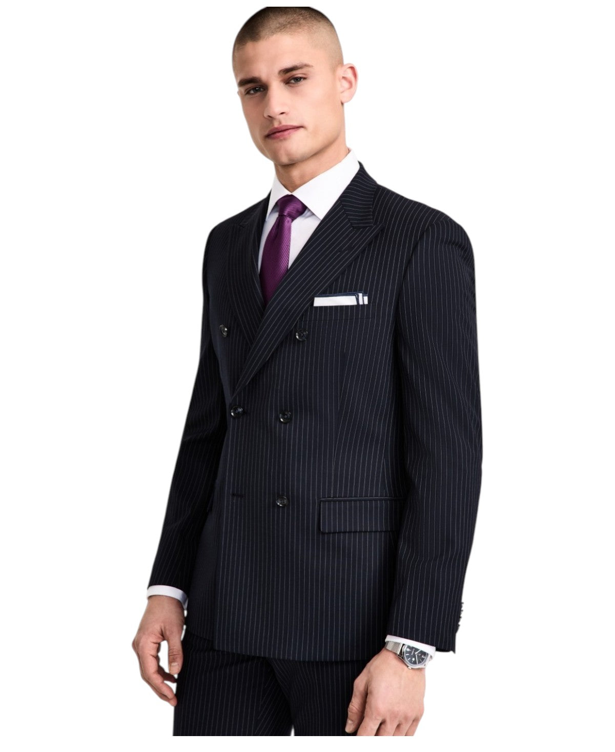 Alfani Mens Slim fit Double Breasted Suit Jacket Blazer 44 S Dark Blue Striped