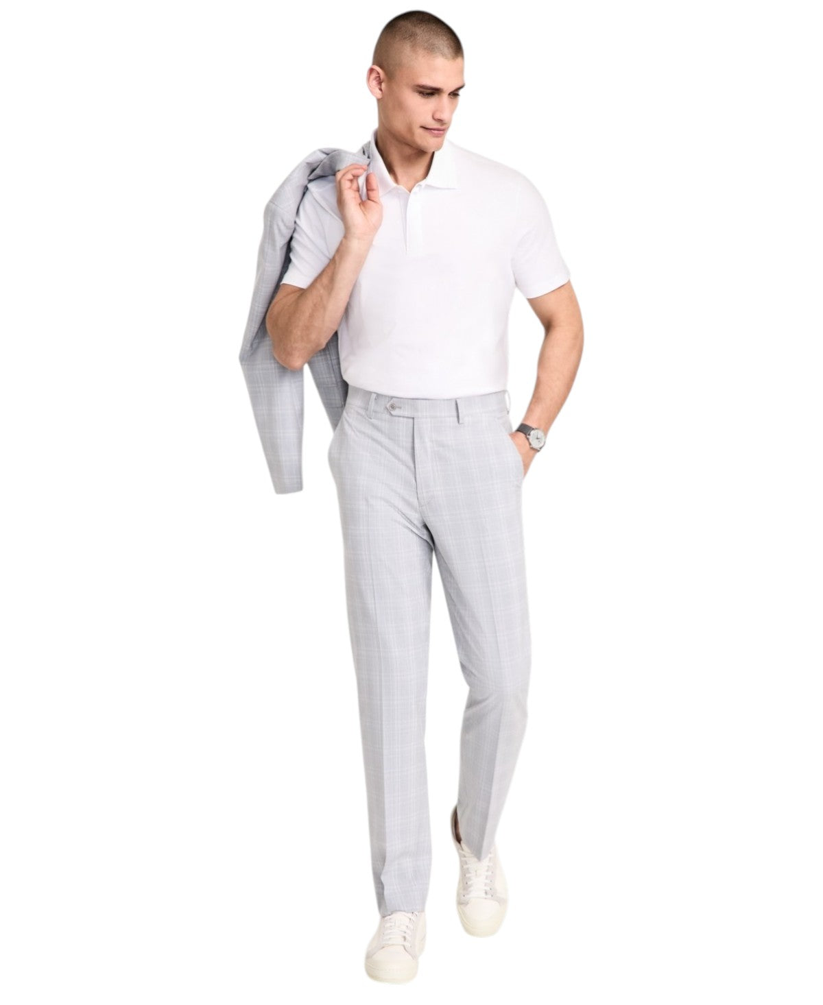 Alfani Mens Slim fit Dress Pants 36 / 30 Light Grey Plaid Stretch
