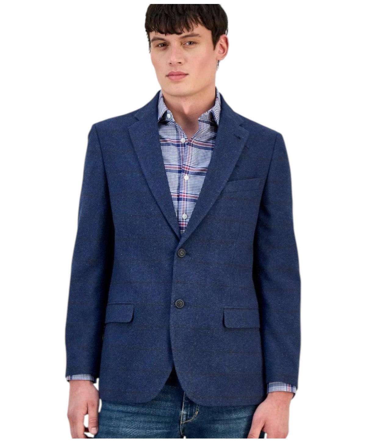 Nautica Mens Modern fit Suit Jacket Blazer 46 R Navy Blue Plaid Stretch