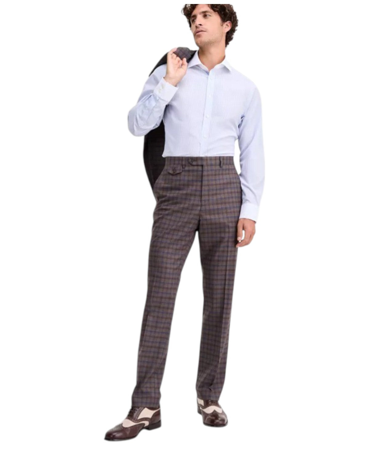 Tayion Mens Classic fit Dress Pants 42 / 32 Brown Plaid Stretch