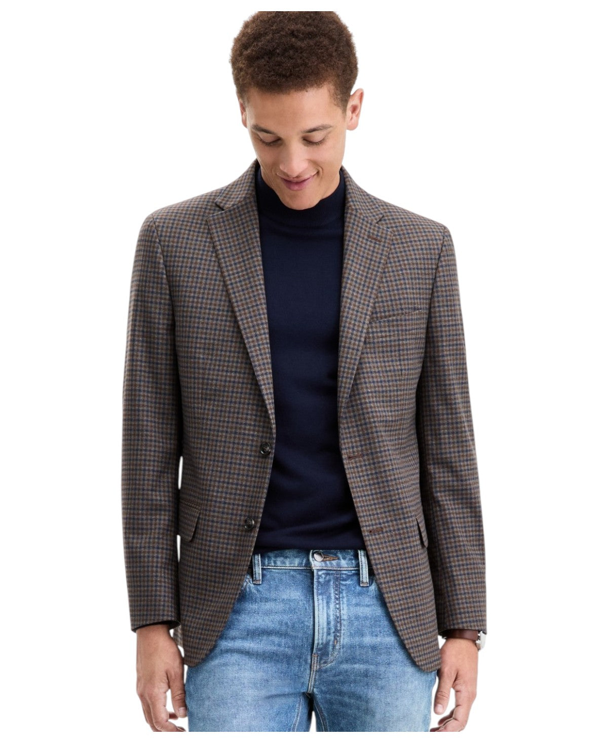 Tommy Hilfiger Mens Modern fit Sport Coat Blazer 46 L Brown Navy Check Stretch