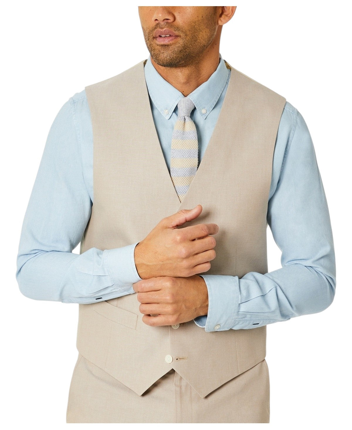 Tommy Hilfiger Mens Modern fit Button-Up Suit Vest Large Beige Solid Stretch