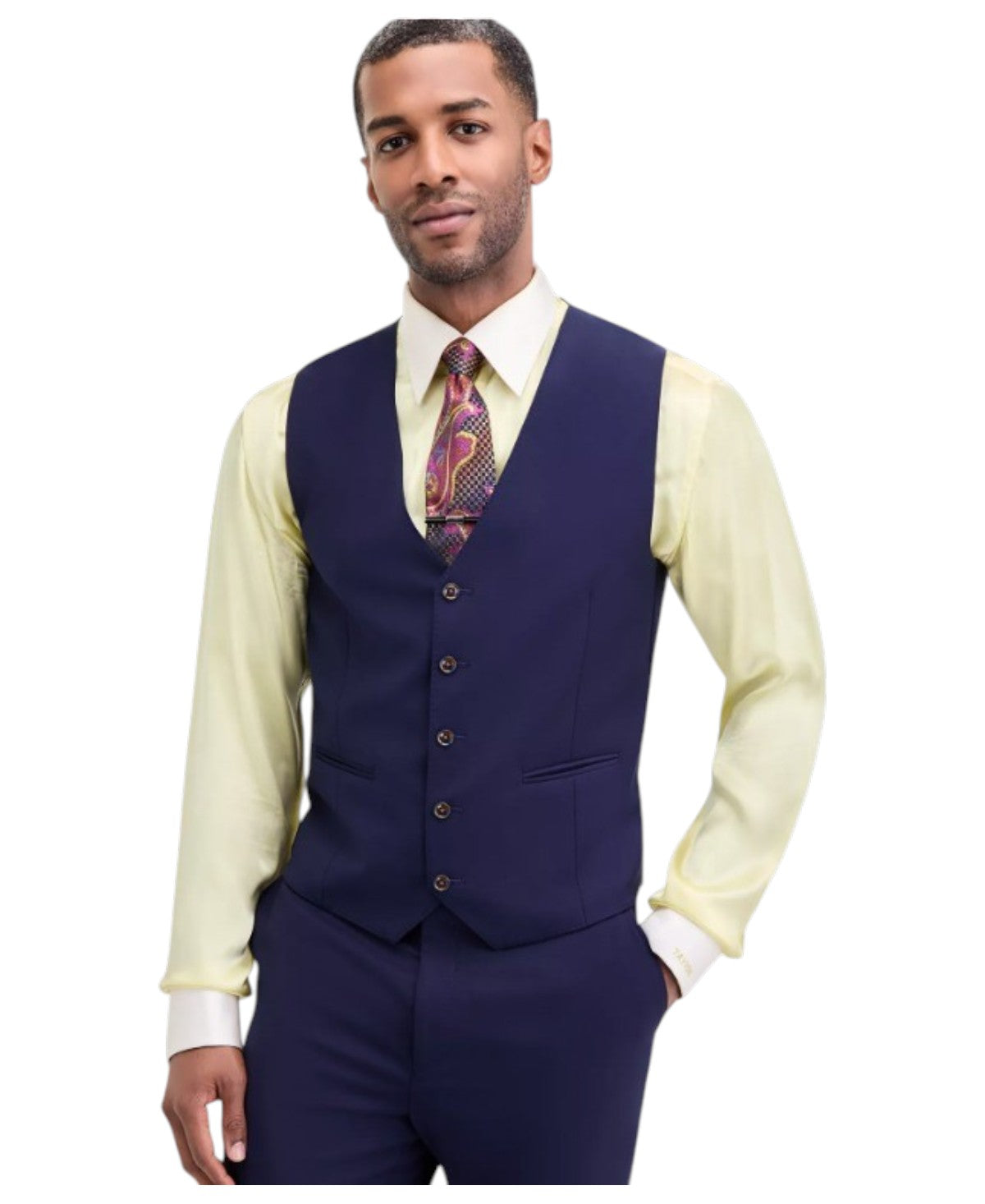 Tayion Mens Classic fit Button-Up Suit Vest Medium Navy Blue Solid Stretch