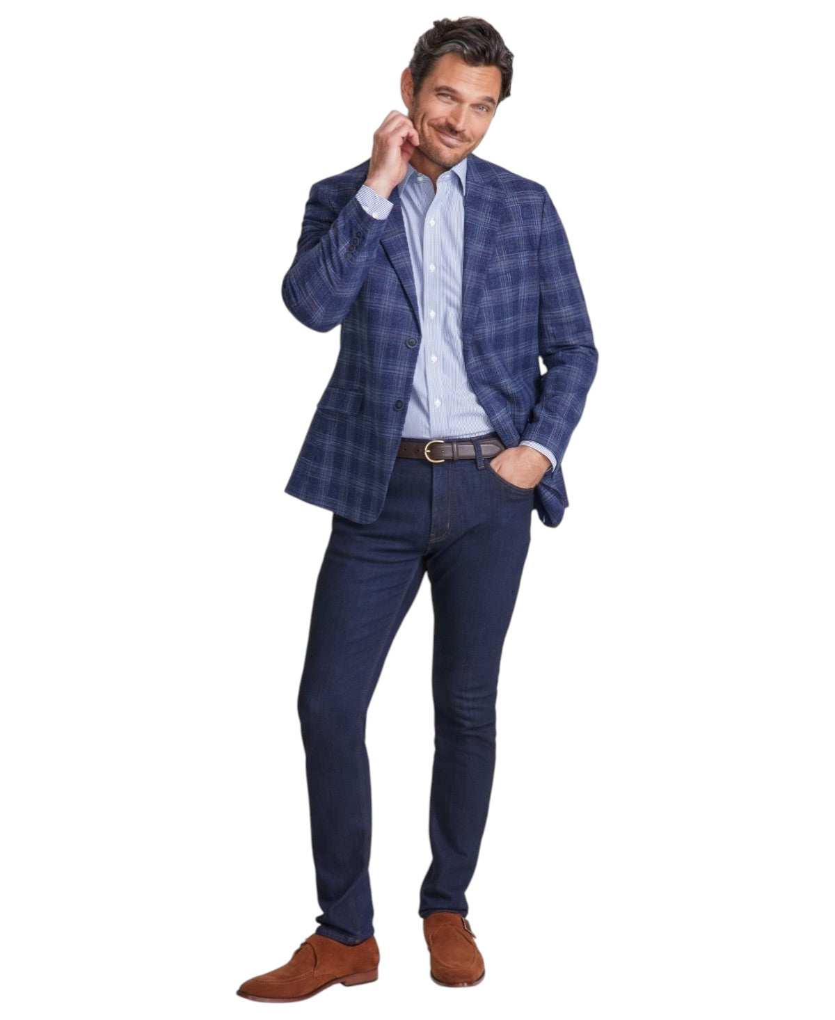 Nautica Mens Modern fit Sport Coat Blazer 42 R Navy Blue Plaid Stretch