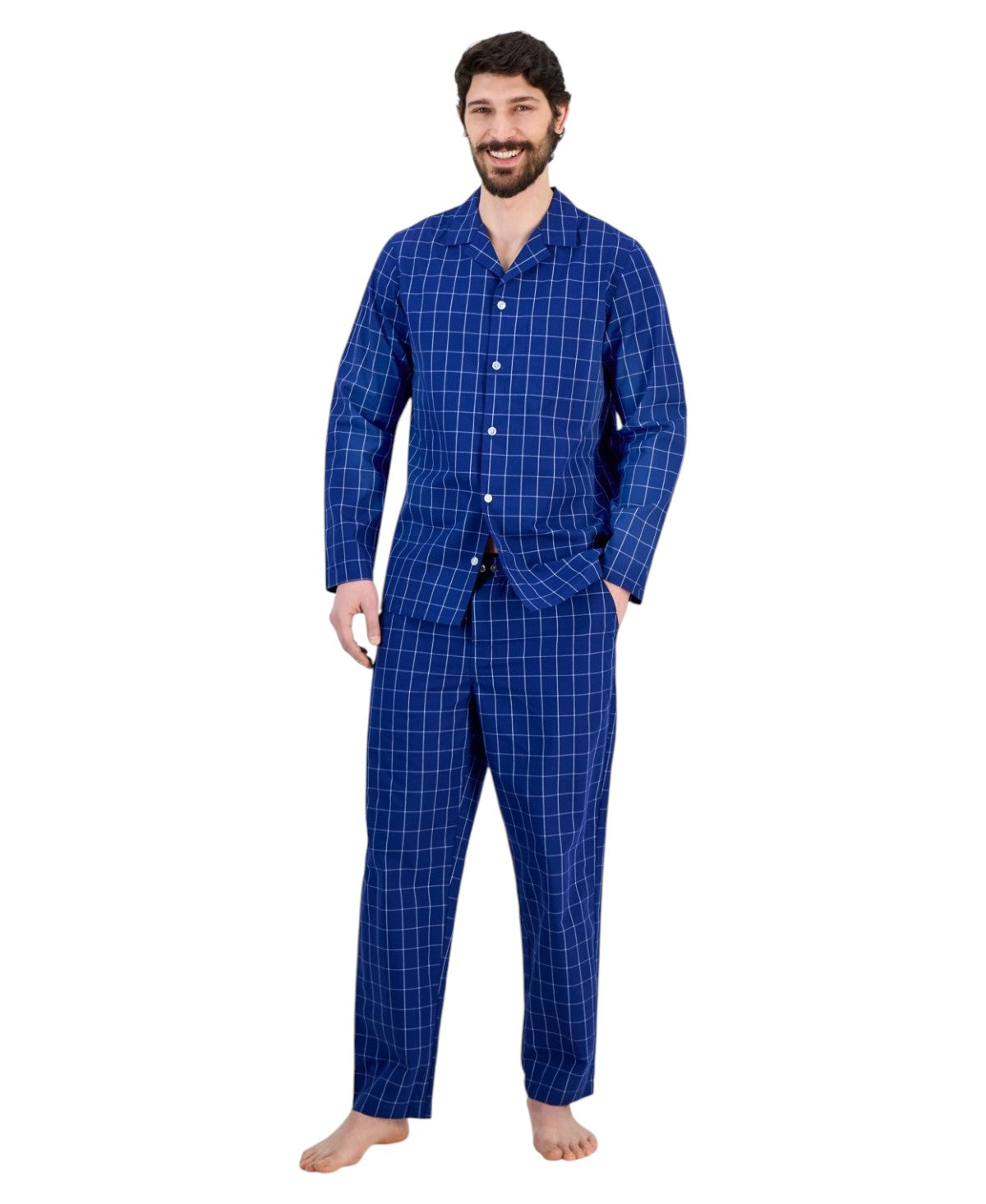 Club Room Mens 2 Piece Long Sleeve Windowpane Plaid Pajama Set Navy Blue Medium