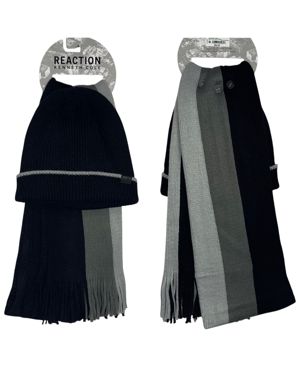 Kenneth Cole Reaction Men 2 Piece Black Grey Stripe Beanie Hat Scarf Set