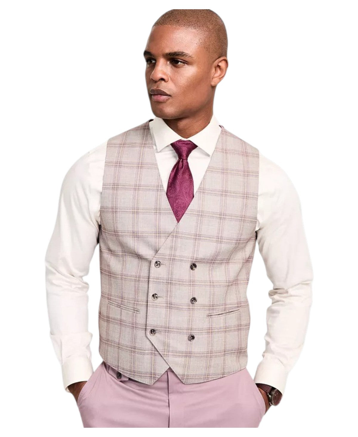 Tayion Mens Regular fit Double Breasted Button-Up Vest XL Beige Plaid