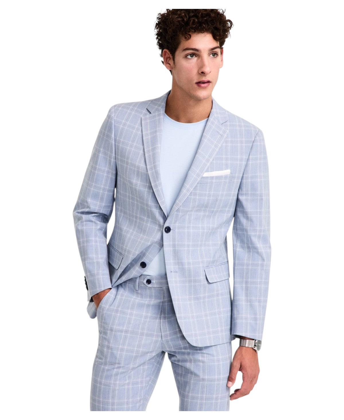 Alfani Mens Slim fit Suit Jacket Blazer 42 L Light Blue Plaid