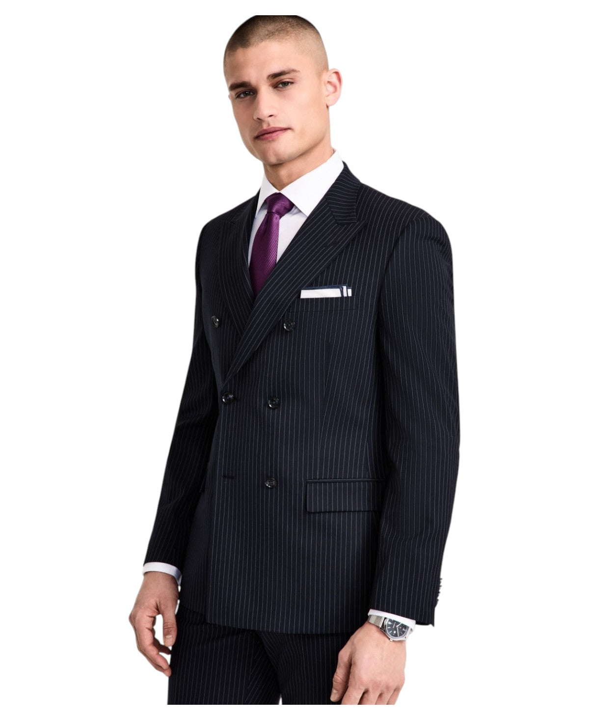 Alfani Mens Slim fit Double Breasted Suit Jacket Blazer 46 L Navy Blue Striped