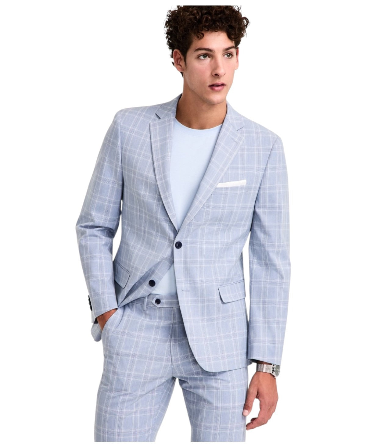 Alfani Mens Slim fit Suit Jacket Blazer 40 L Light Blue Plaid Stretch