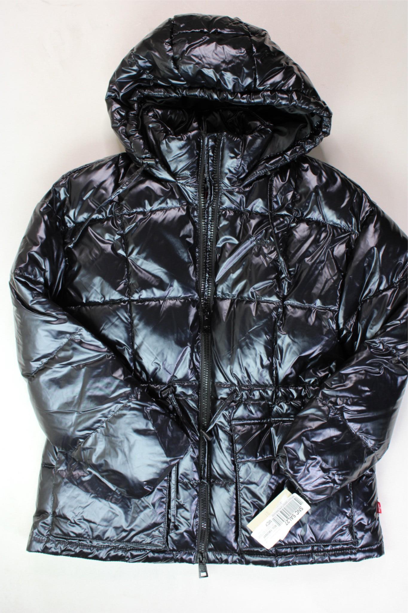 LEVI'S Womens Quilted Hooded Puffer Coat with Cinch Waist XS Shiny Black