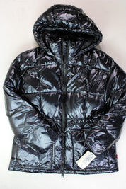 LEVI'S Womens Quilted Hooded Puffer Coat with Cinch Waist XS Shiny Black