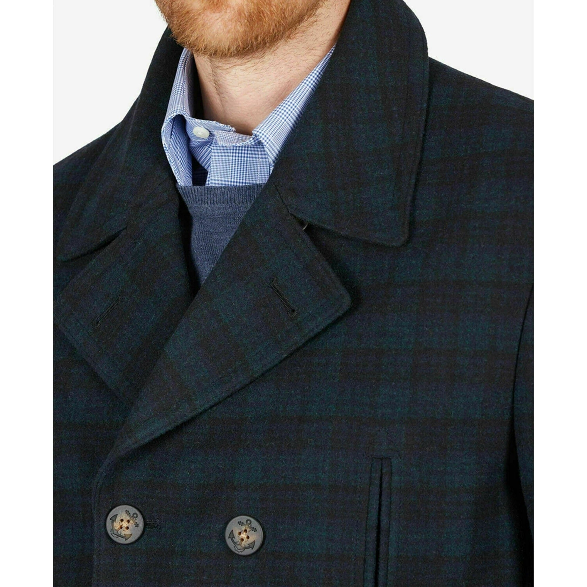 Lauren Ralph Lauren Double-Breasted Wool-Blend Peacoat Navy Blue Green Plaid 38S