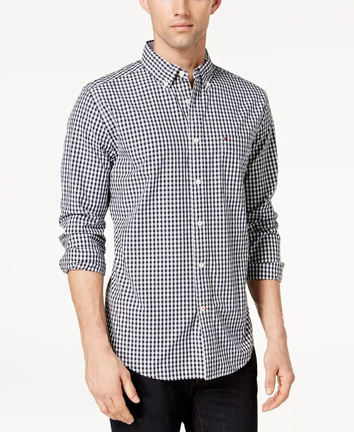 Tommy Hilfiger Men's Twain Classic-Fit Button Down Dress Shirt Medium Blue Check