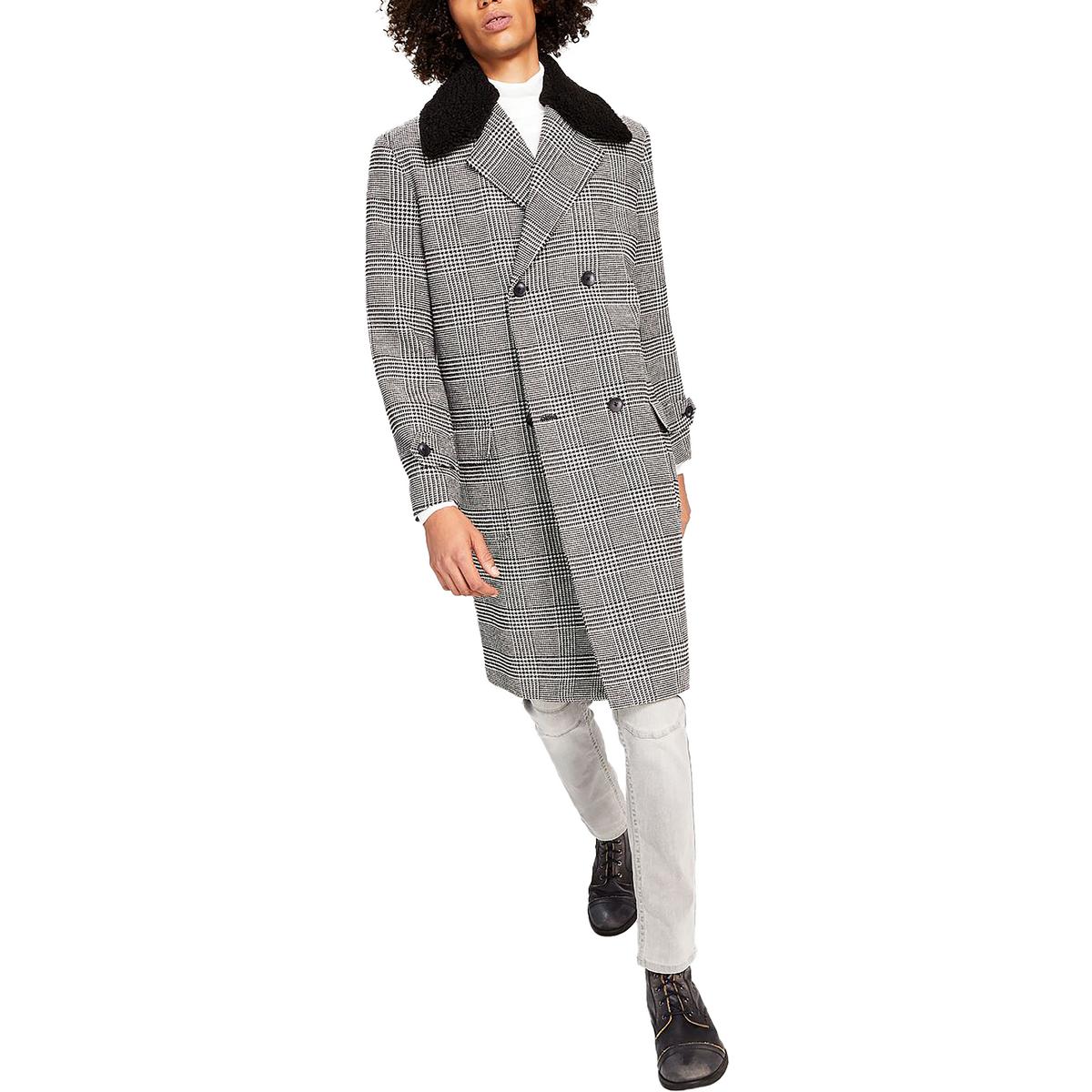 INC International Concepts Ashton Classic-Fit Glen Plaid Over Coat Small Black White