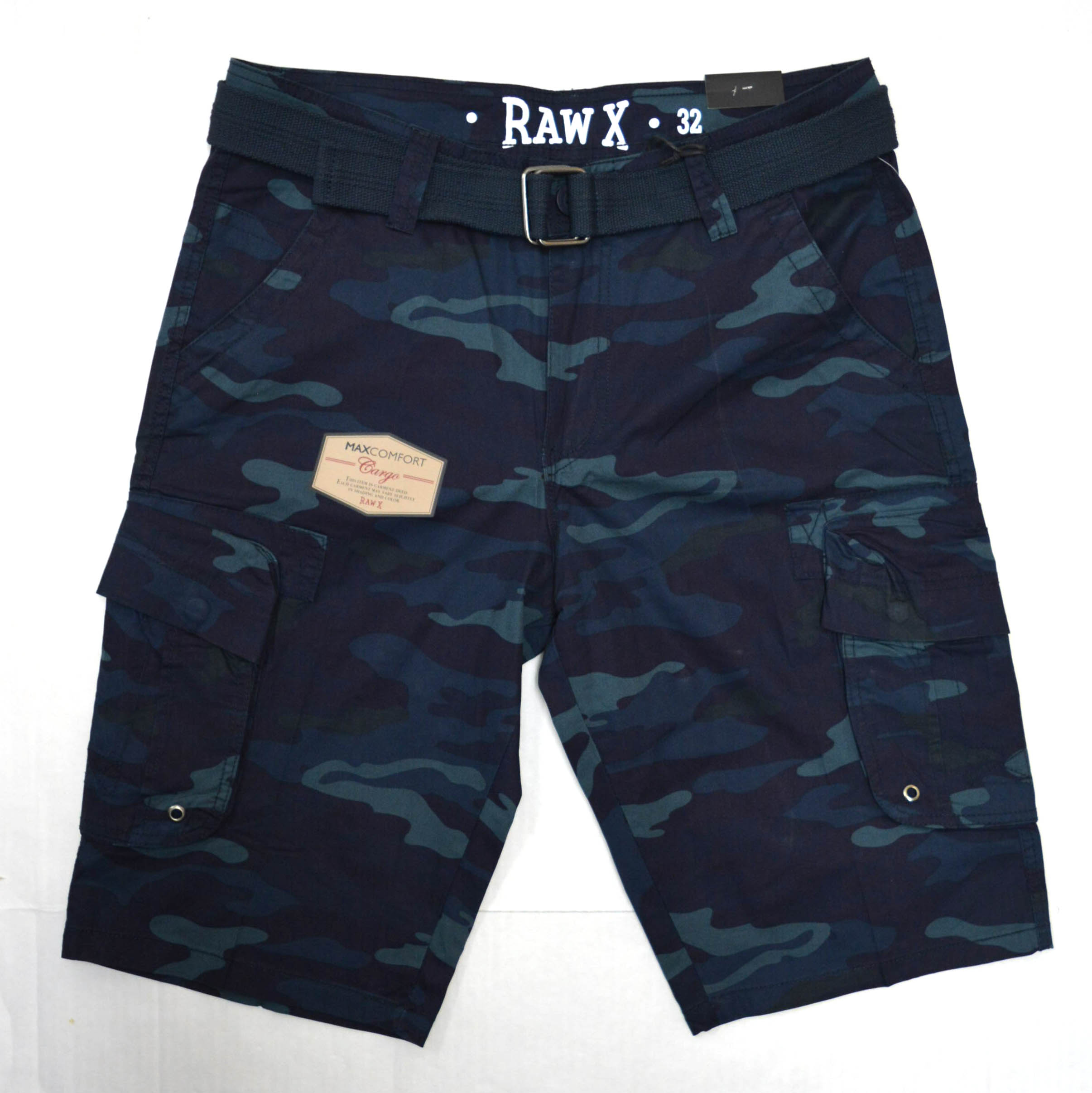 RAW X Mens Belted 12.5 Inch Inseam Knee Length Cargo Shorts Blue Camo 32