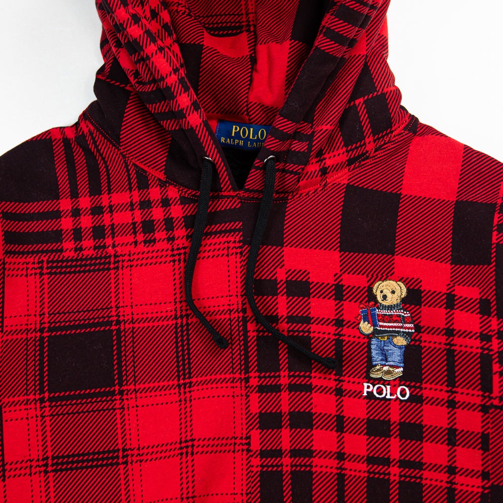 Polo Ralph Lauren Men's Bear Fleece Patchwork Hoodie Sweatshirt XL Red Plaid