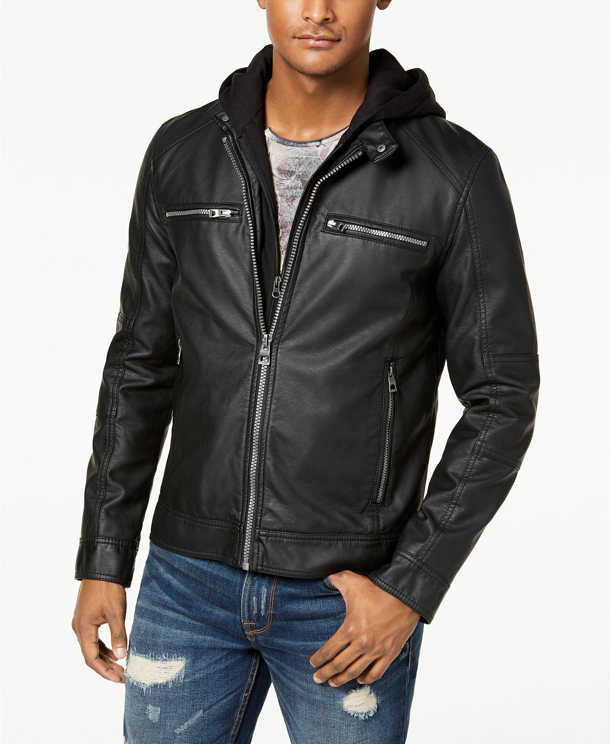 GUESS Mens Casual Faux Leather Jacket Coat Large Black Hooded Solid