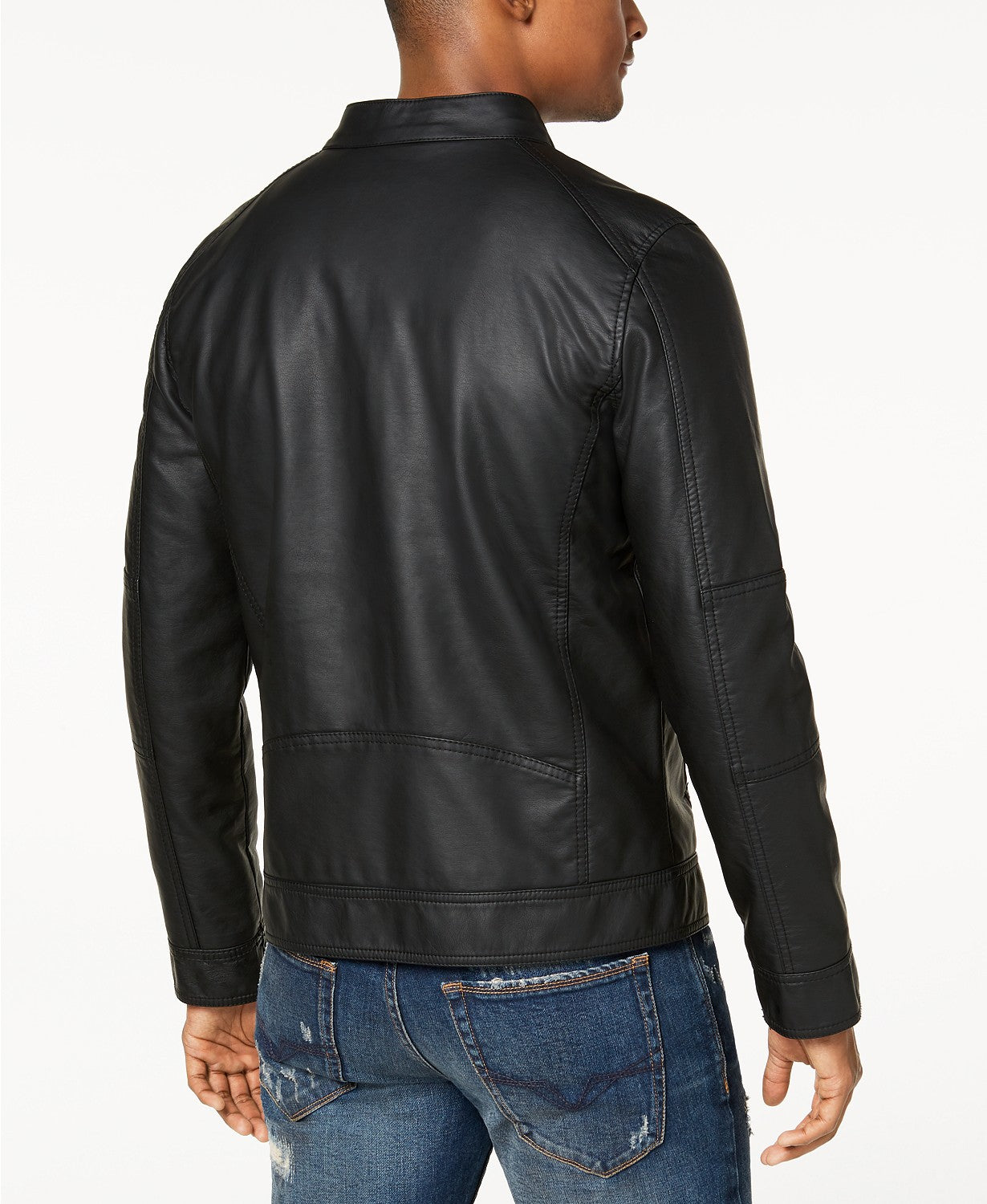 GUESS Mens Casual Faux Leather Jacket Coat Large Black Hooded Solid