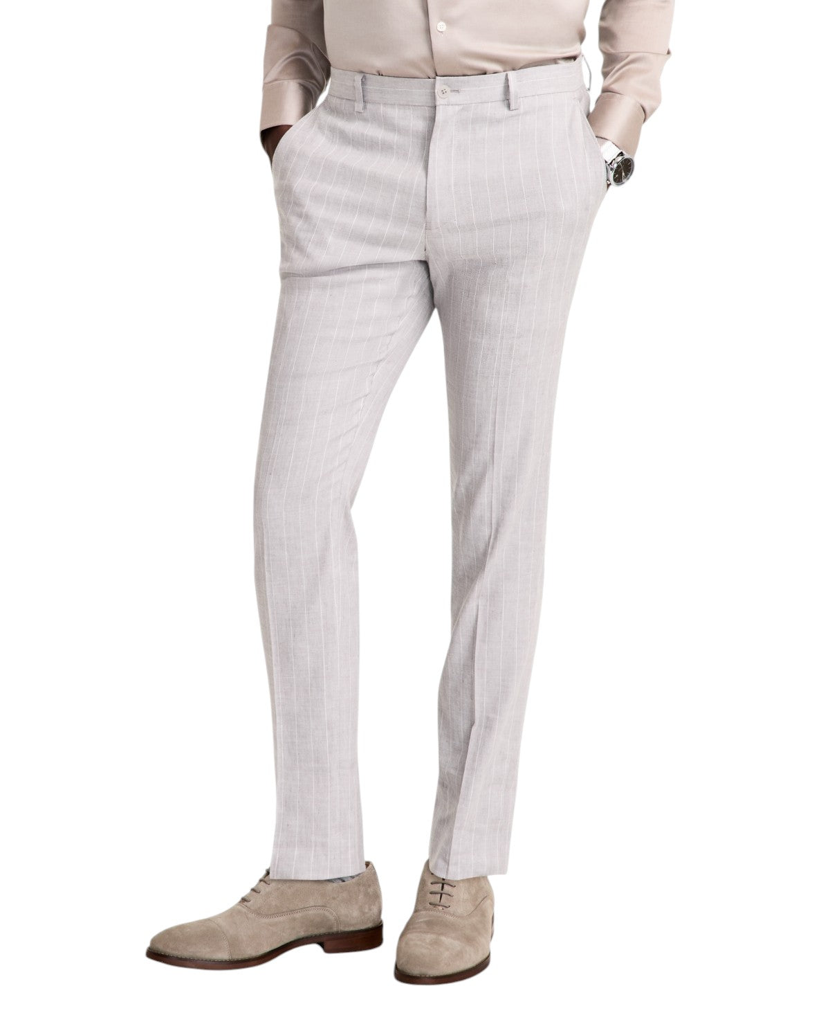 Calvin Klein Mens Slim fit Dress Pants 34 / 32 Light Grey Solid Stretch Linen