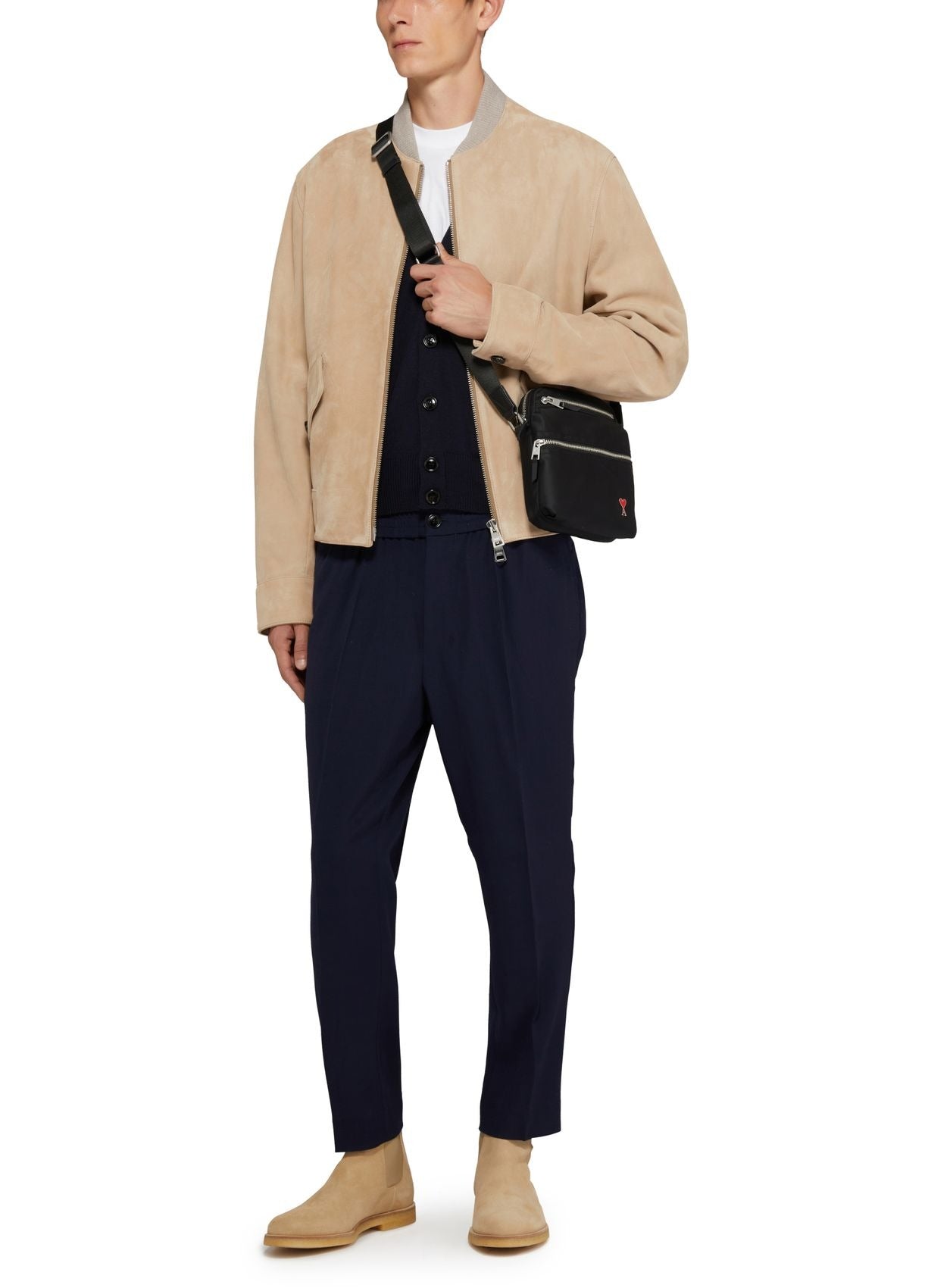 Ami Mens Suede Leather Bomber Jacket Medium Champagne Tan Ultra Soft