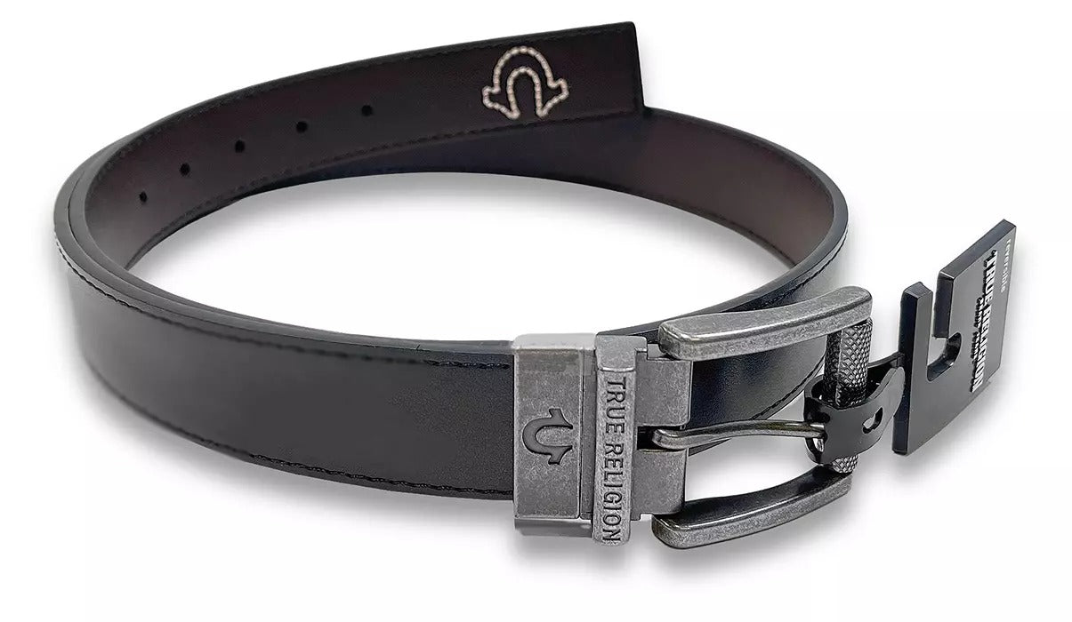 True Religion Lumin Textured Roller Twist Reversible Belt Size 36 Black Brown