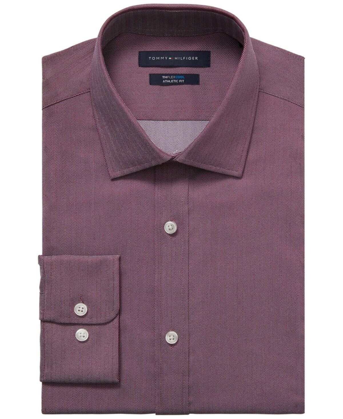 TOMMY HILFIGER Men's Flex Cool Athletic Fit Dress Shirt 17 34 - 35 Burgundy Red
