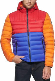 Tommy Hilfiger Men's Quilted Color Blocked Hooded Puffer Jacket Large Multicolor