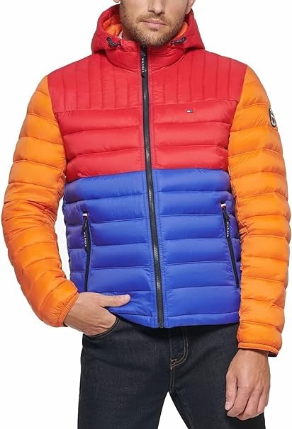 Tommy Hilfiger Men's Quilted Color Blocked Hooded Puffer Jacket Large Multicolor