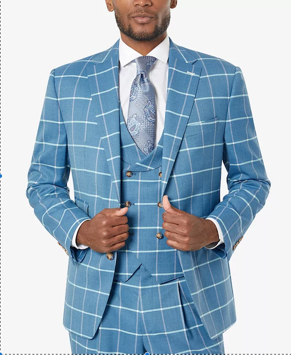 Tayion Collection Mens Classic Fit Wool Blend Blue Cream Windowpane Suit Jacket 42R